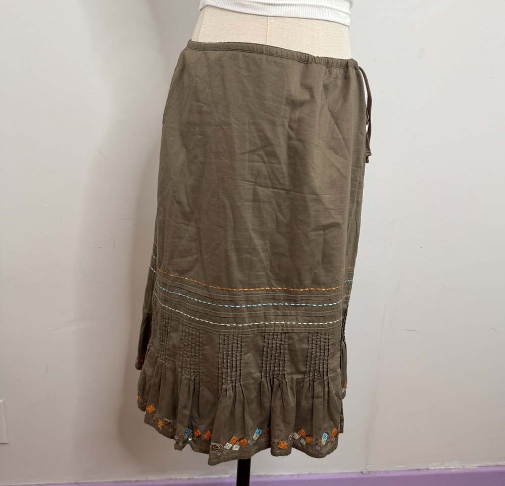 Sigrid Olsen Brown Beaded Embroidered Sequin Hem Pleated Cotton Midi Skirt 4